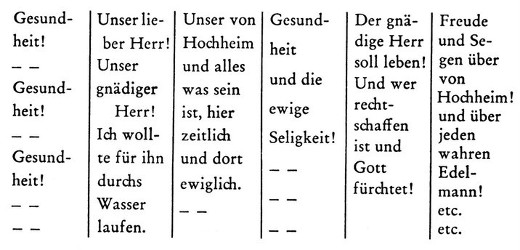 Gesundheit! Gesundheit! Gesundheit! Unser lieber Herr! Unser gnädiger Herr! Ich wollte für ihn durchs Wasser laufen. Unser von Hochheim und alles was sein ist, hier zeitlich und dort ewiglich. Gesundheit und die ewige Seligkeit! Der gnädige Herr soll leben! Und wer rechtschaffen ist und Gott fürchtet! Freude und Segen über von Hochheim! und über jeden wahren Edelmann! etc. etc.