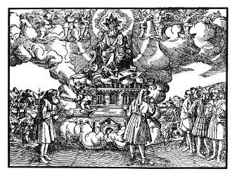 Jesajas Berufungsvision. In der Mitte: Gott thront, von Seraphim umgeben, über dem Tempel, den er von oben her mit seinem Mantel bedeckt und aus dem Rauchwolken emporquellen. Im Vordergrund links: Ein Seraph berührt Jesajas Mund, um ihn zu entsühnen, mit einer in einer Zange gehaltenen glühenden Kohle; rechts: Jesaja predigt zu den Verstockten (Jes. 6,1-10). Im Hintergrund links: Kreuztragung und Golgatha (ebd. 53,7f.; vgl. Apg. 8,30 bis 35); rechts: Gleichnis vom unfruchtbaren Weinberg (Jes. 5,1-7).