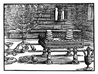 Einrichtung der Stiftshütte: Tisch mit Tragstangen, Schüsseln, Löffeln, Kannen, Schalen, Schaubroten, Leuchter und Lichtschere (Ex. 25,23-38).