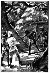 Zwei wachhabende Wagddis stellten sich, ihre Waffen schwingend, vor die Thür. (S. 184.)
