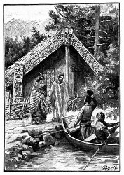 Längs des Ufers standen aus Holz errichtete Maoriwohnungen. (S. 46.)