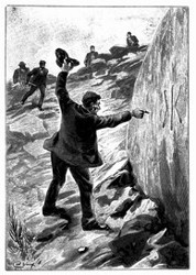 Das Haupt entblößt und die Hand hinausgestreckt, zeigt er auf einen Felsen. (S. 199.)